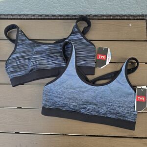 TYR Black Grey Active Racerback Bikini Swim Top Geometric Blue XL 14/16 New (2)